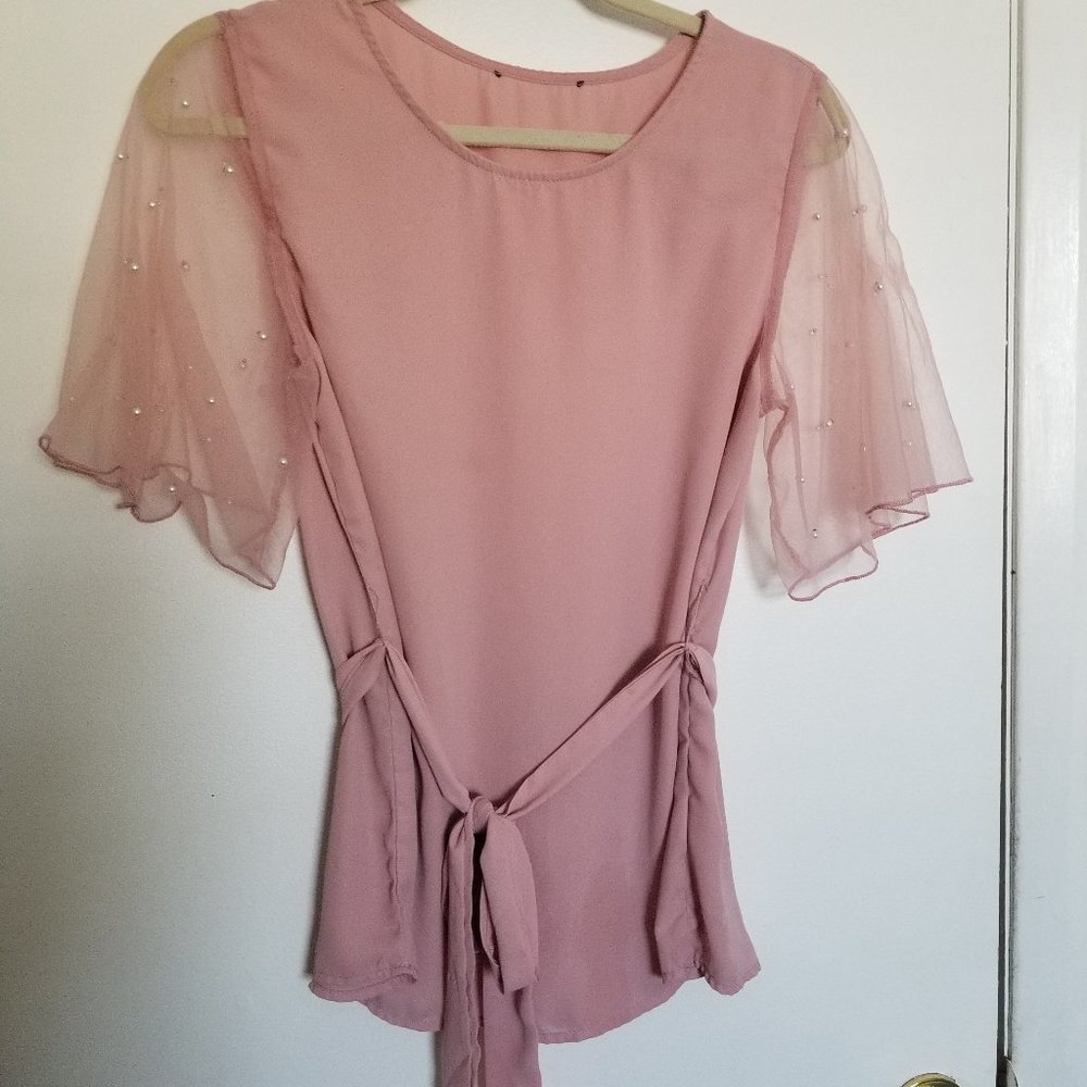 Shein Dusty Pink Blouse w Pearls on Sheer Sleeves  S/M
